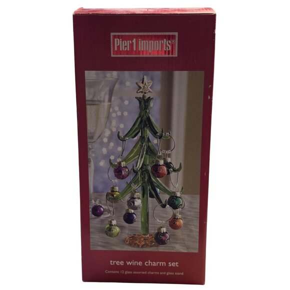 Pier 1 Imports Glass Christmas Tree Wine Charm Set With 12 Ornament Charms And D - Picture 1 of 4